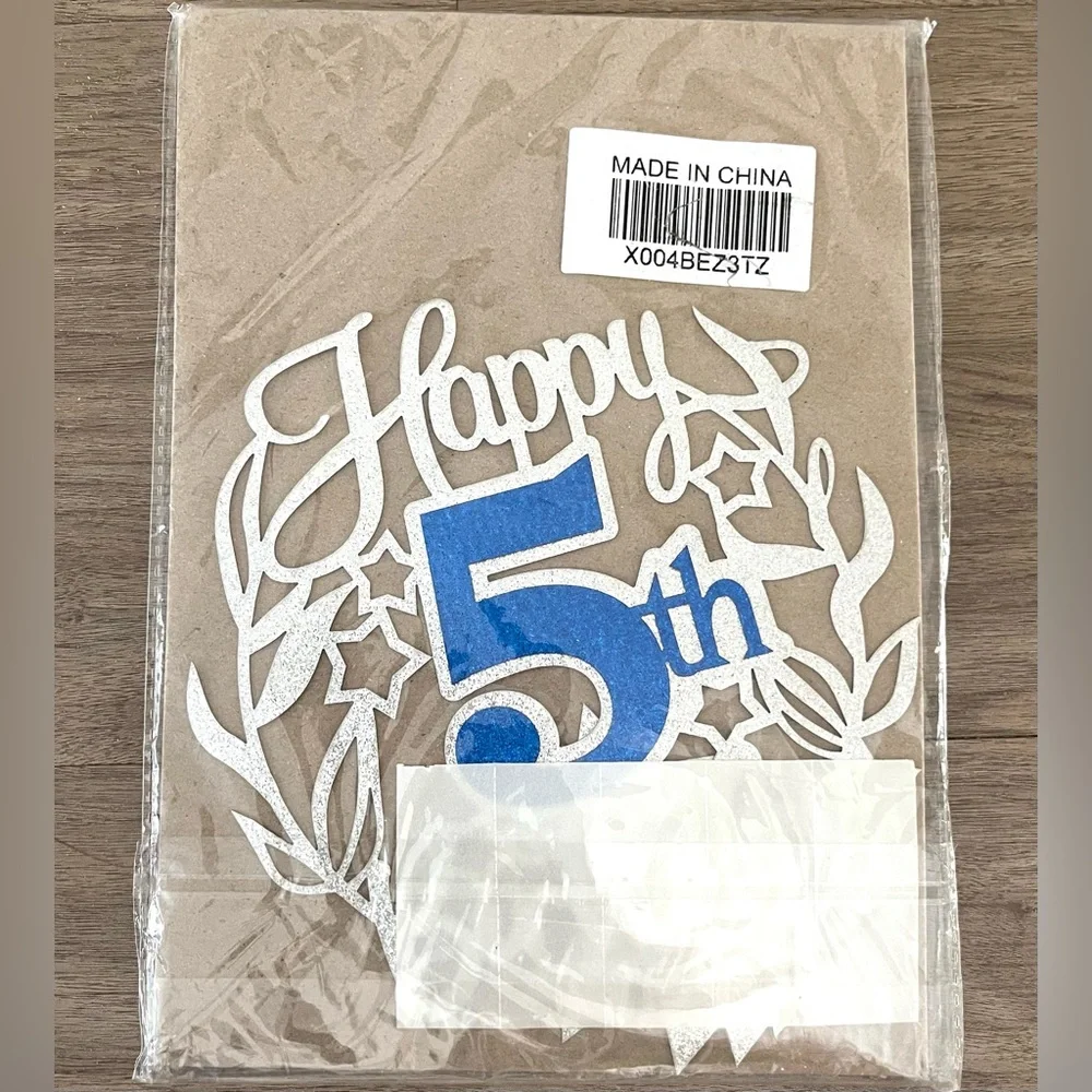 Blue and Silver 5th Birthday Cake Topper
